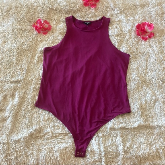 Express Tops - Express Magenta Silky High Neck Thong Sleeveless Women's Bodycon Bodysuit